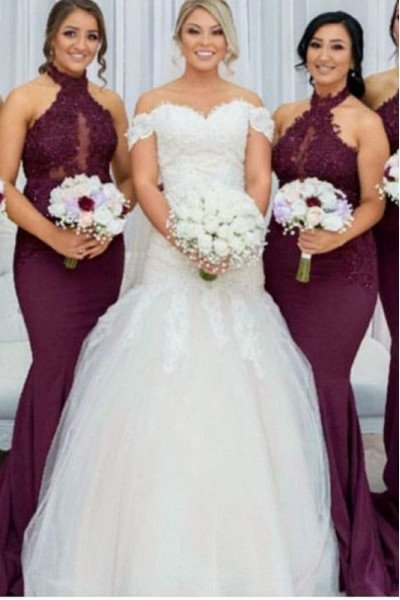 Angel Mild Burgundy Halter Open Back Appliques Sheath Bridesmaid Dresses