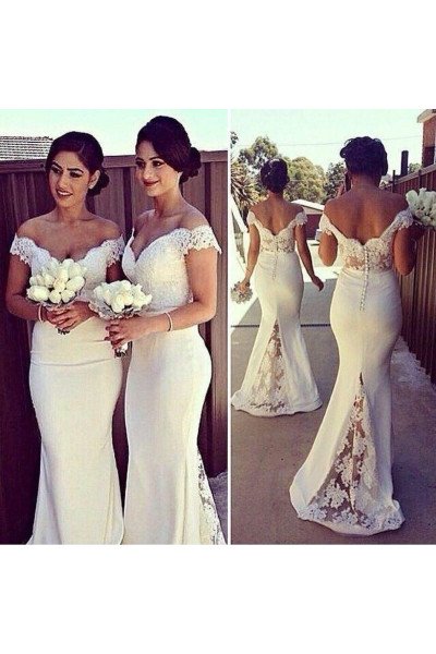 Anita Mild White Off Shoulder Open Back Appliques Sheath Bridesmaid Dresses