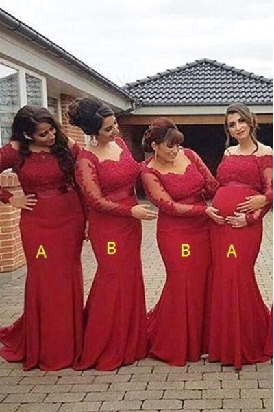 Annabelle Beautiful Red Long Sleeves Appliques Sheath Bridesmaid Dresses