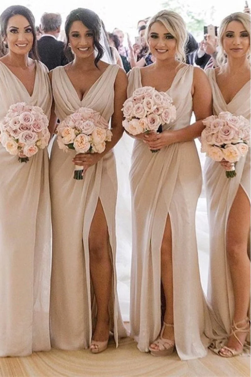 Antonia Charming Nude Pink V-Neck Side Slit Sheath Bridesmaid Dresses Antonia Charming Nude Pink V-Neck Side Slit Sheath Bridesmaid Dresses