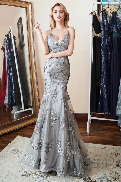Alexis Elegant Gray Spaghetti Straps Backless Appliques Mermaid Evening Dresses Alexis Elegant Gray Spaghetti Straps Backless Appliques Mermaid Evening Dresses