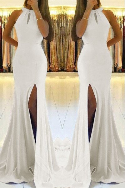 Beryl Simple White Halter Side Slit Backless Sheath Evening Dresses With Bowknot