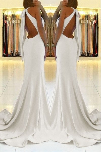 Beryl Simple White Halter Side Slit Backless Sheath Evening Dresses With Bowknot
