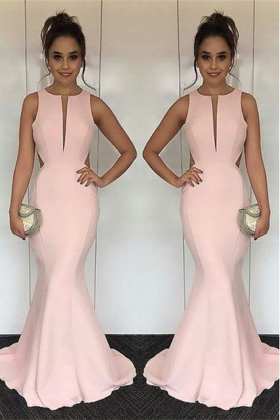 Bess Simple Pink Jewel Open Back Mermaid Evening Dresses