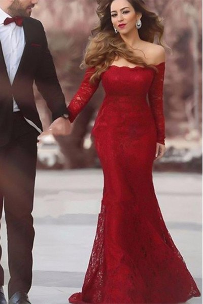 Arlene Mild Burgundy Off Shoulder Long Sleeves Appliques Mermaid Evening Dresses