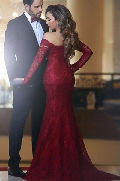 Arlene Mild Burgundy Off Shoulder Long Sleeves Appliques Mermaid Evening Dresses