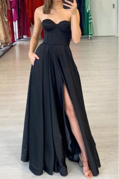 Ashley Simple Black Sweetheart Side Slit Sheath Evening Dresses With Pocket