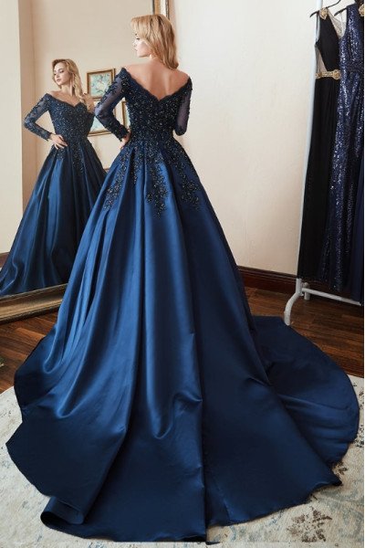 Bertha Generous Dark Navy Off Shoulder Appliques Long Sleeves Ball Gown Evening Dresses