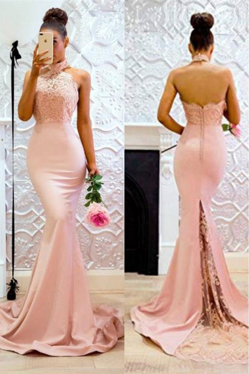 Beverly Lovely Pink Halter Open Back Appliques Mermaid Evening Dresses