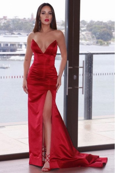 Carol Sexy Red Sweetheart Open Back Side Slit Sheath Evening Dresses
