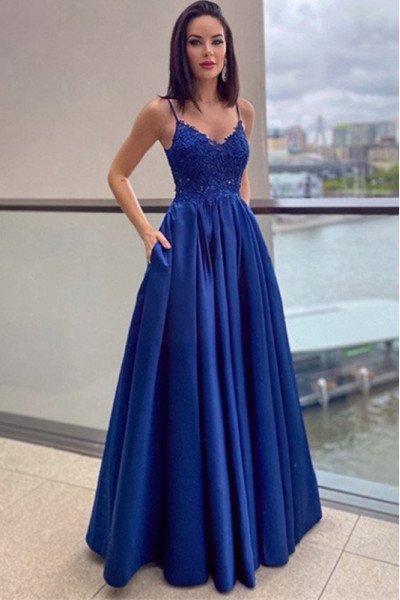 Celine Wonderful Dark Blue Spaghetti Straps Appliques A-Line Evening Dresses With Pocket