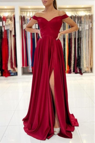 Christian Beautiful Burgundy Off Shoulder Side Slit Sheath Evening Dresses