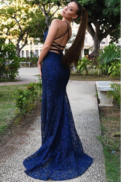 Cynthia Mild Dark Navy Halter Backless Lace Sheath Evening Dresses Cynthia Mild Dark Navy Halter Backless Lace Sheath Evening Dresses