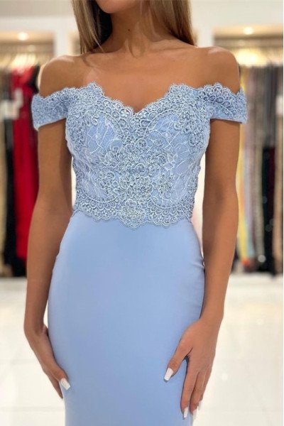 Dora Chic Sky Blue Off Shoulder Appliques Sheath Evening Dresses