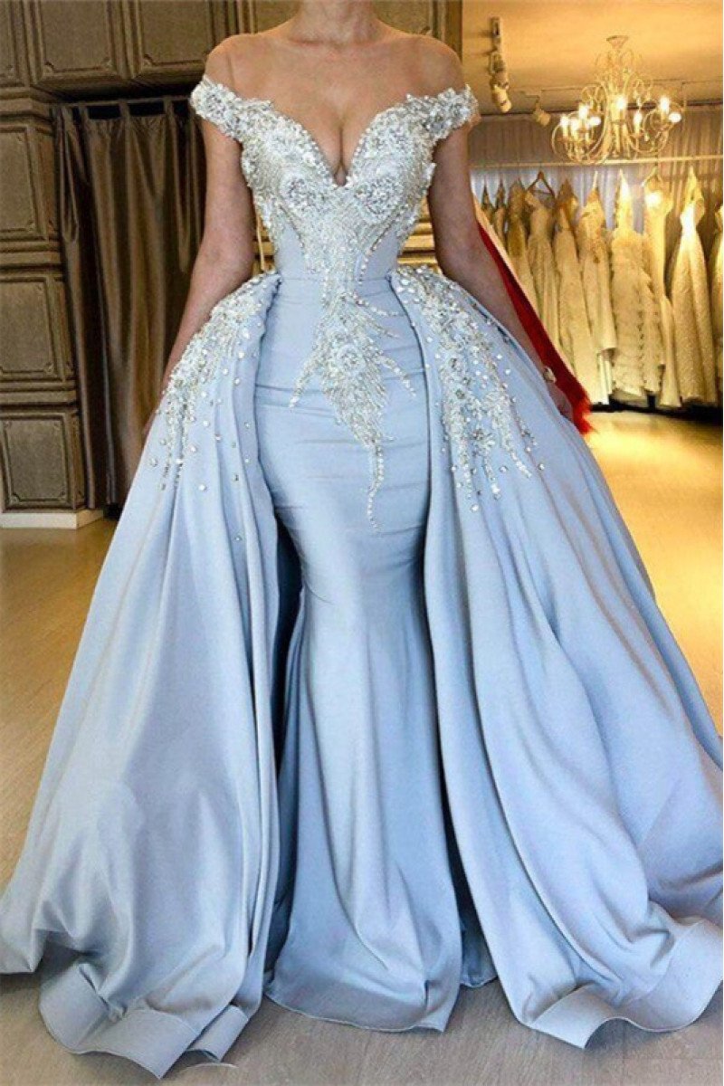 Emma Chic Sky Blue Off Shoulder Beading Sheath Evening Dresses With Panel Train Emma Chic Sky Blue Off Shoulder Beading Sheath Evening Dresses With Panel Train