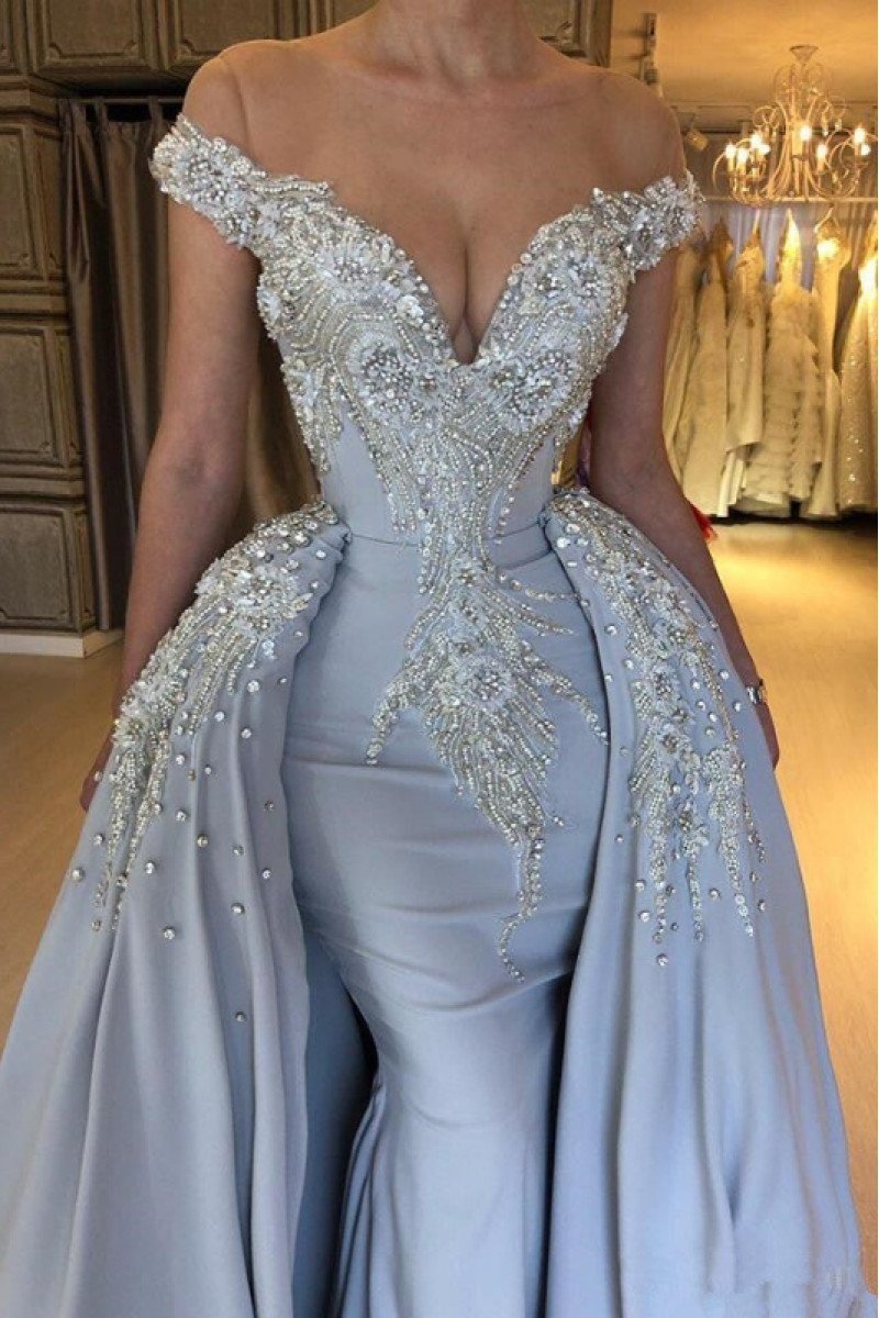 Emma Chic Sky Blue Off Shoulder Beading Sheath Evening Dresses With Panel Train Emma Chic Sky Blue Off Shoulder Beading Sheath Evening Dresses With Panel Train