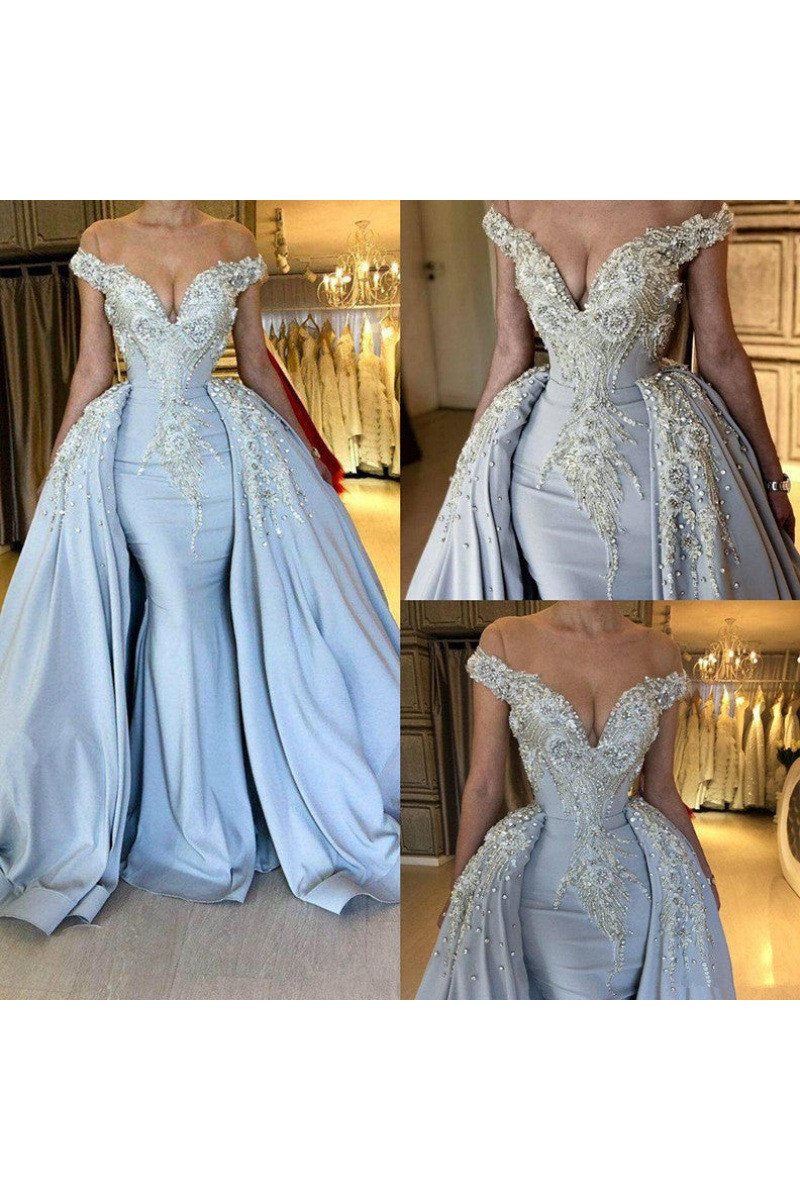 Emma Chic Sky Blue Off Shoulder Beading Sheath Evening Dresses With Panel Train Emma Chic Sky Blue Off Shoulder Beading Sheath Evening Dresses With Panel Train
