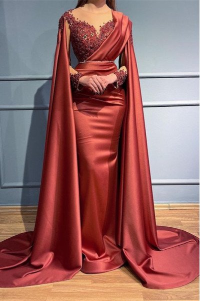 Gayle Beautiful Rust Off Shoulder Long Sleeves Appliques Sheath Evening Dresses