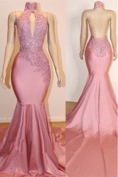 Duncan Beautiful Pink High Neck Backless Appliques Mermaid Prom Dresses With Keyhole