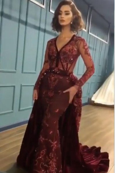 Eartha Classical Burgundy V-Neck Long Sleeves Appliques Velvet Sheath Prom Dresses With Panel Train