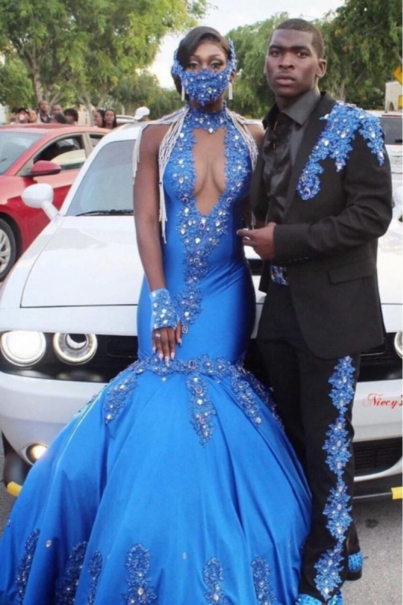 Openboot Prom Ashley Chic Blue High Neck Open Back Appliques Mermaid Prom Dresses ...