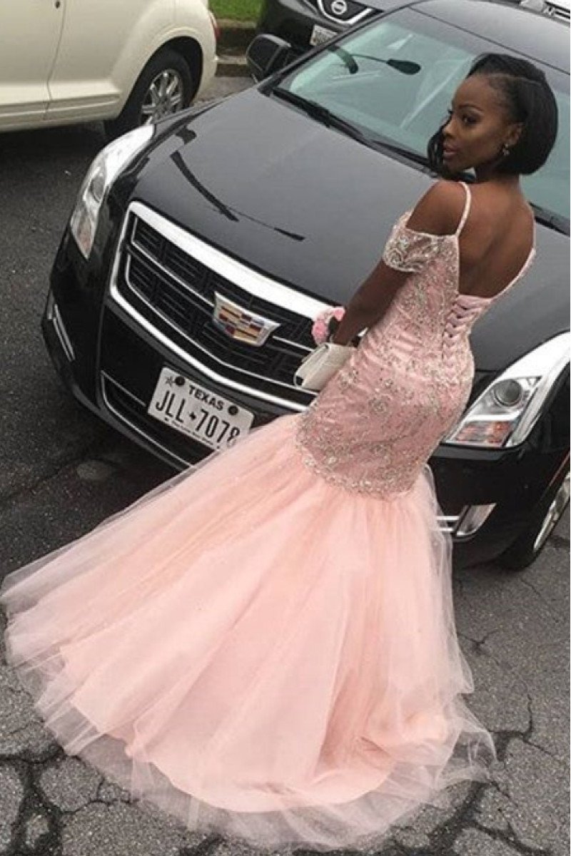 Athena Lovely Coral Spaghetti Straps Open Back Appliques Puffy Layers Mermaid Prom Dresses Athena Lovely Coral Spaghetti Straps Open Back Appliques Puffy Layers Mermaid Prom Dresses