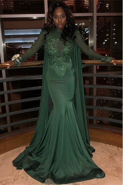 Avery Decent Dark Green High Neck Long Sleeves Appliques Mermaid Prom Dresses