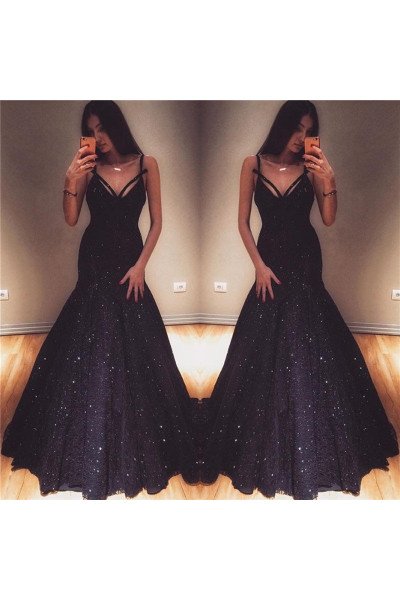 Bader Exquisite Black Sequins Spaghetti Straps Mermaid Prom Dresses