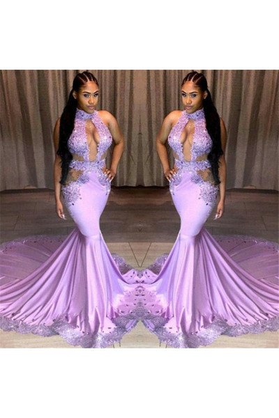 Barbara Sexy Lilac Halter Backless Chapel Train Mermaid Prom Dresses With Crystal
