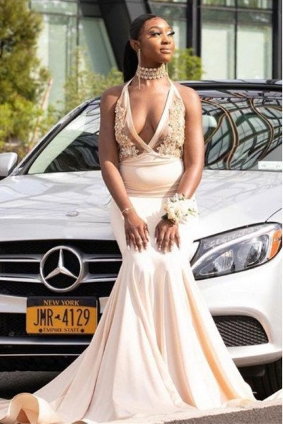 Belinda Modern Champagne Halter Backless Appliques Mermaid Prom Dresses