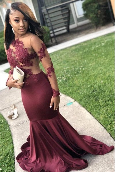 Bess Sexy Burgundy Jewel Long Sleeves Open Back Appliques Mermaid Prom Dresses
