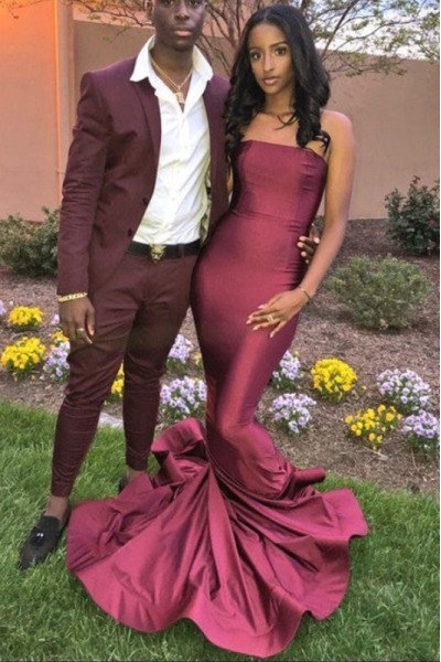 Bonnie Handsome Burgundy Strapless Slime Fit Ruffles Mermaid Prom Dresses