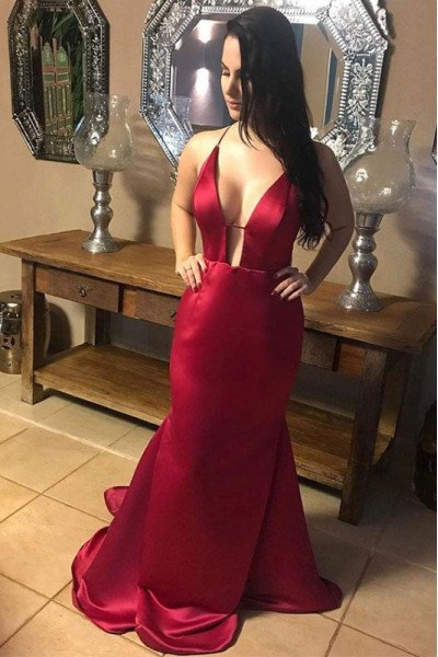 Celine Sexy Red Spaghetti Straps Backless Mermaid Prom Dresses