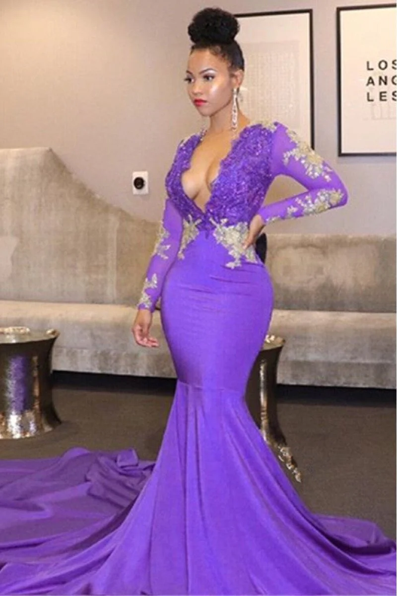 Pretty V Neck Purple Chiffon Beaded Mermaid Party Dress Formal Birthday Prom Dress D1171 main image 1