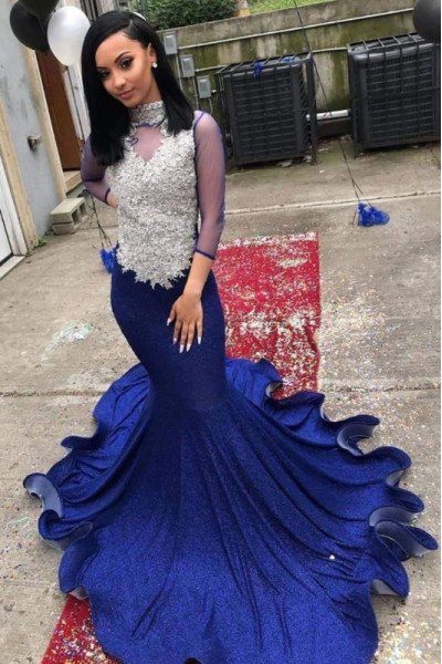 Christie Fancy Dark Blue High Neck Long Sleeves Backless Appliques Mermaid Prom Dresses