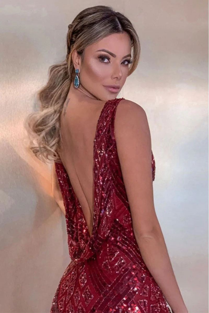 Rhinestone Decor Plunging V-neck Backless Sequins Dress Champagne main image 1