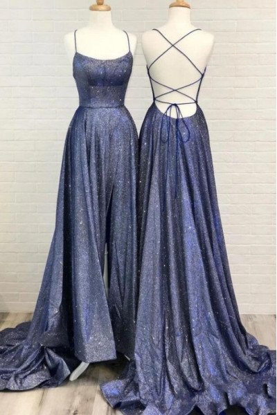 Donna Modern Dark Navy Spaghetti Straps Backless Sequins Sheath Prom Dresses With Court Train