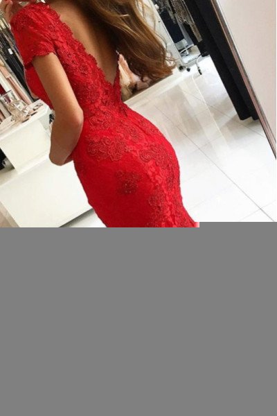 Doreen Mild Red V-Neck Open Back Lace Sheath Prom Dresses