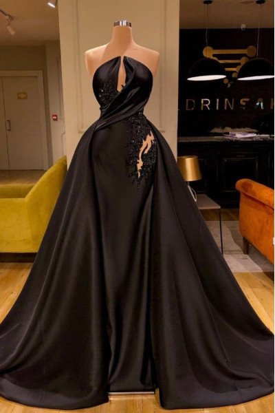 Eden Charming Black Strapless Open Back Beading Sheath Prom Dresses With Panel Train
