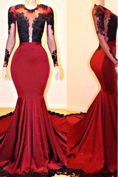 Eleanore Fancy Red Jewel Long Sleeves Appliques Mermaid Prom Dresses