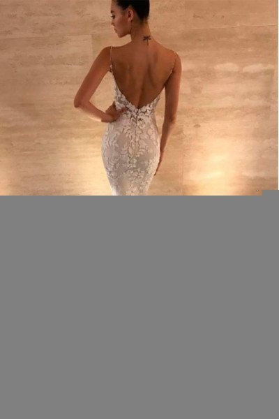 Elisa Fashion White Lace Spaghetti Straps Open Back Sheath Prom Dresses