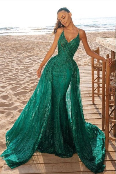 Elsie Modern Turquoise Spaghetti Straps Tulle Sheath Prom Dresses With Panel Train