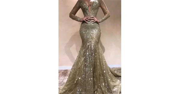 Luxurious And Sparkling Gold Mermaid V-neck Sequined Prom Dress Evening Dress cc5002 main image 1