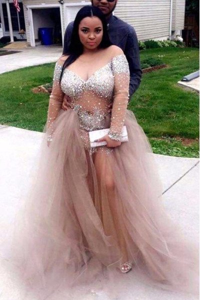 Eunice Beautiful Dusty Pink Off Shoulder Long Sleeves Sequins Oversize Sheath Prom Dresses