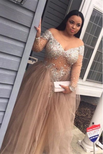 Eunice Beautiful Dusty Pink Off Shoulder Long Sleeves Sequins Oversize Sheath Prom Dresses