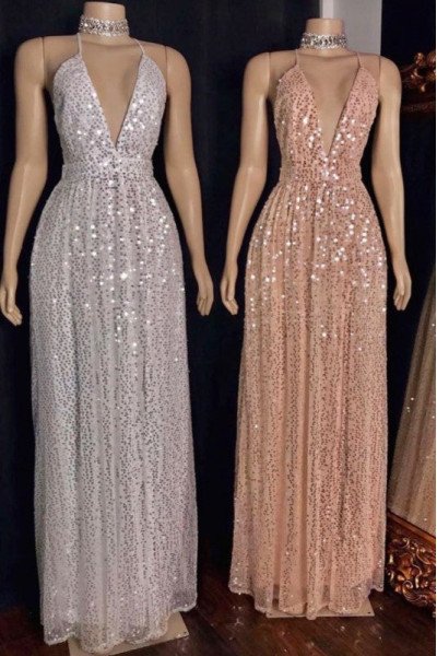 Faithe Simple White Halter Open Back Sequins Sheath Prom Dresses