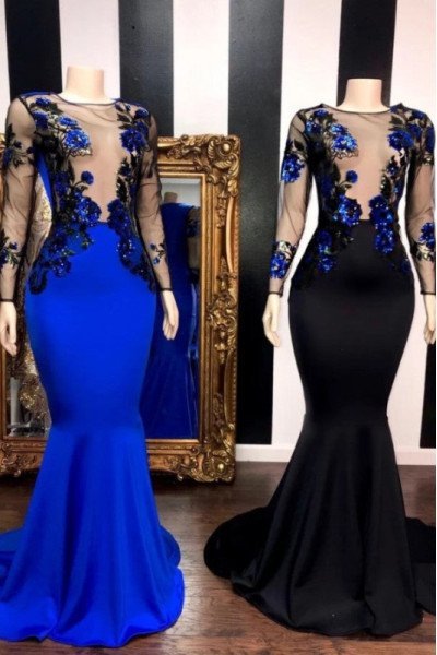 Flora Classical Black Jewel Long Sleeves Appliques Mermaid Prom Dresses