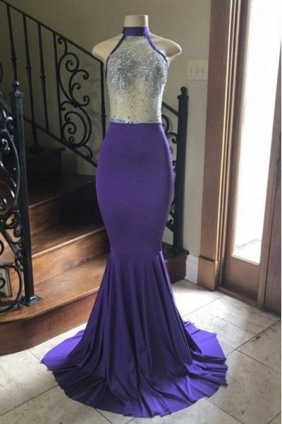 Florence Fancy Purple Halter Appliques Backless Mermaid Prom Dresses