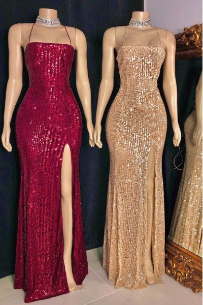 Fred Fashion Burgundy Spaghetti Straps Side Slit Backless Sequins Sheath Prom Dresses
