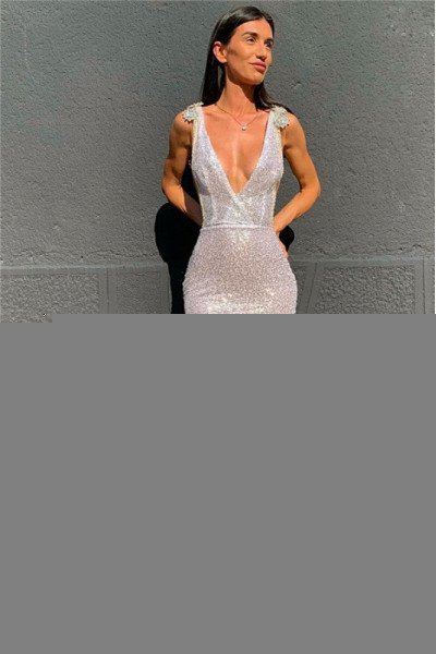 Frederica Elegant White Sequins V-Neck Backless Mermaid Prom Dresses With Crystal